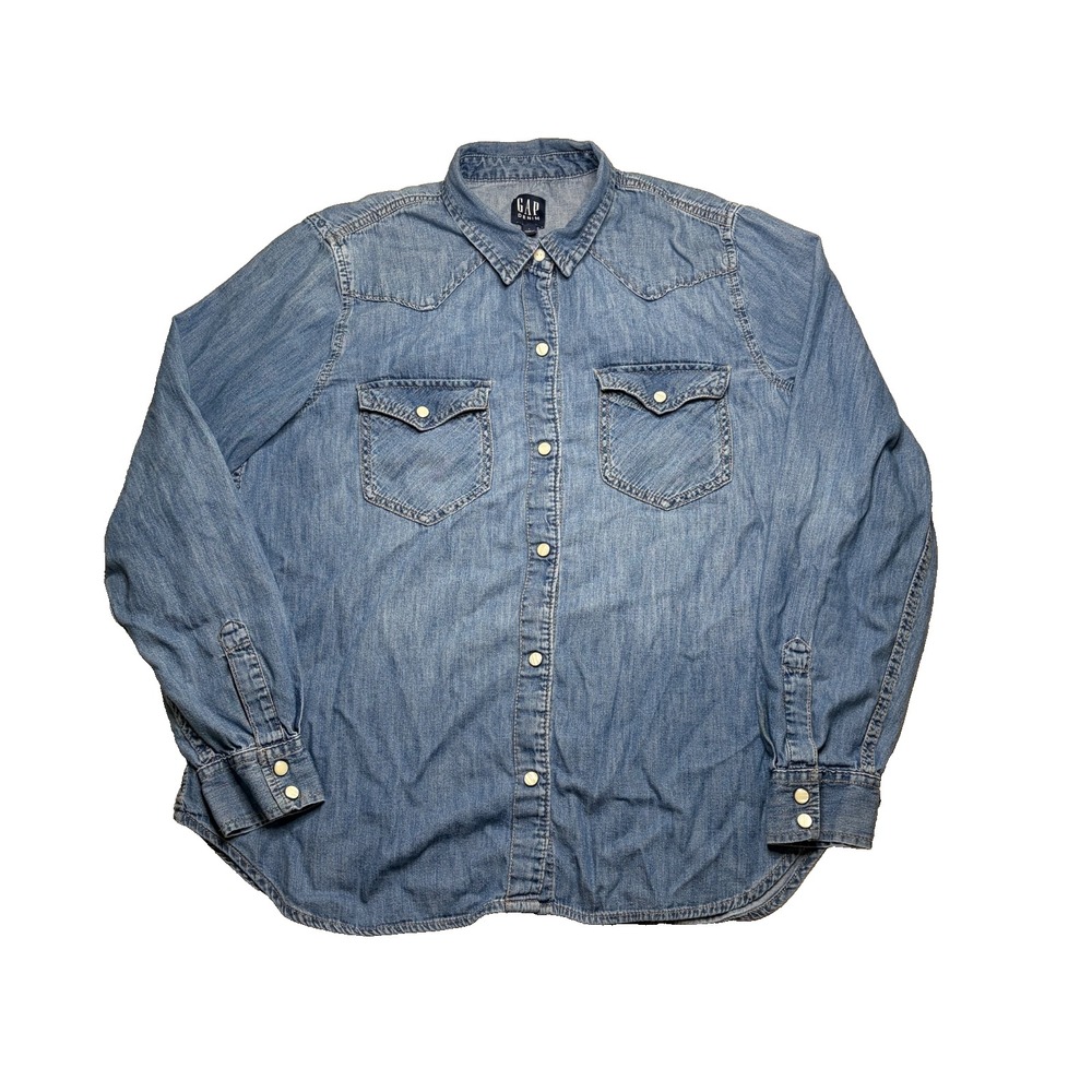 GAP Denim Pearl Snap Shirt Womens L Chambray Western Cowgirl Rockabilly Workwear